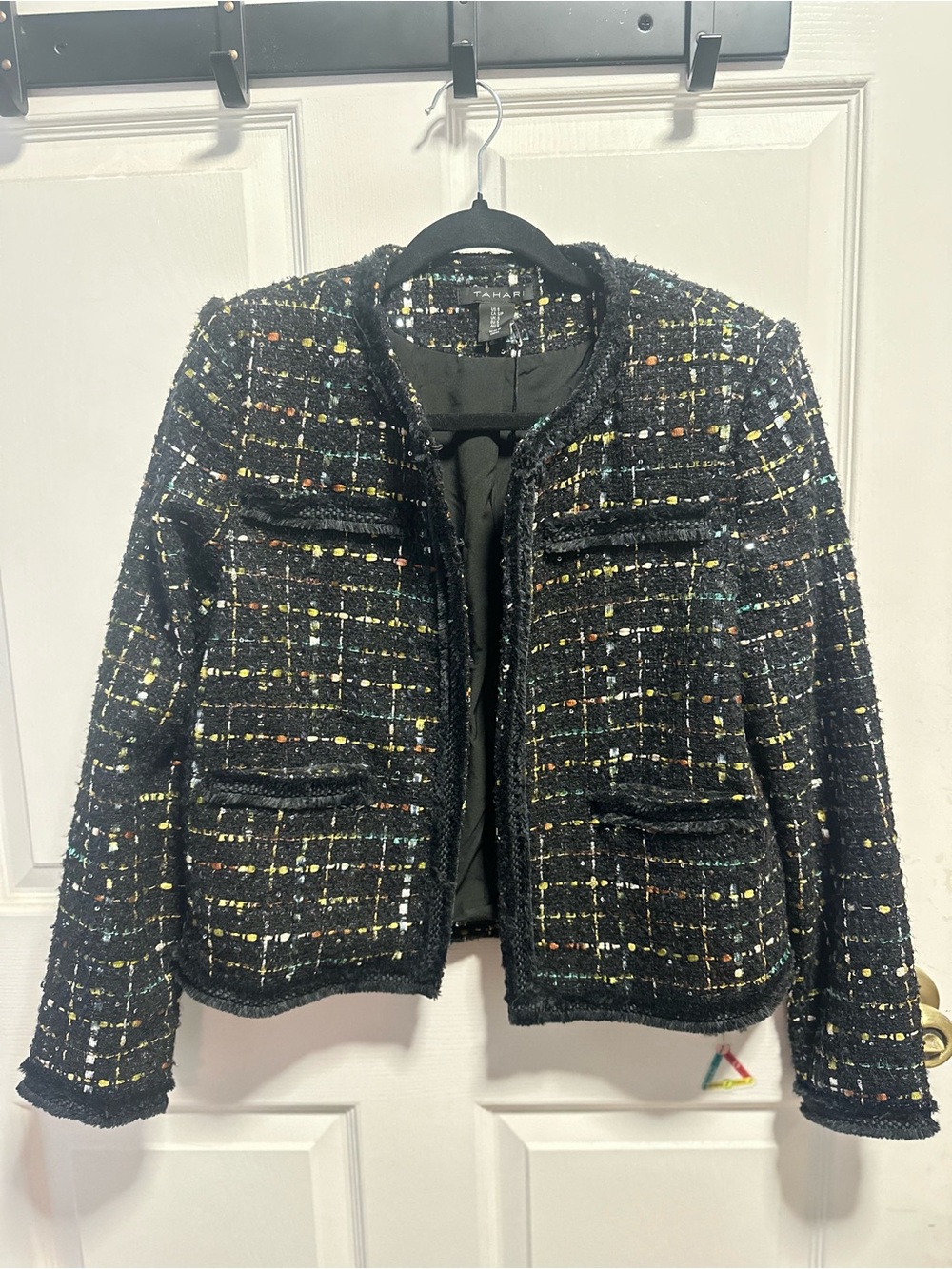 Tahari Black Tweed Crop Jacket with Multicolor Thread  & Sequins/Small